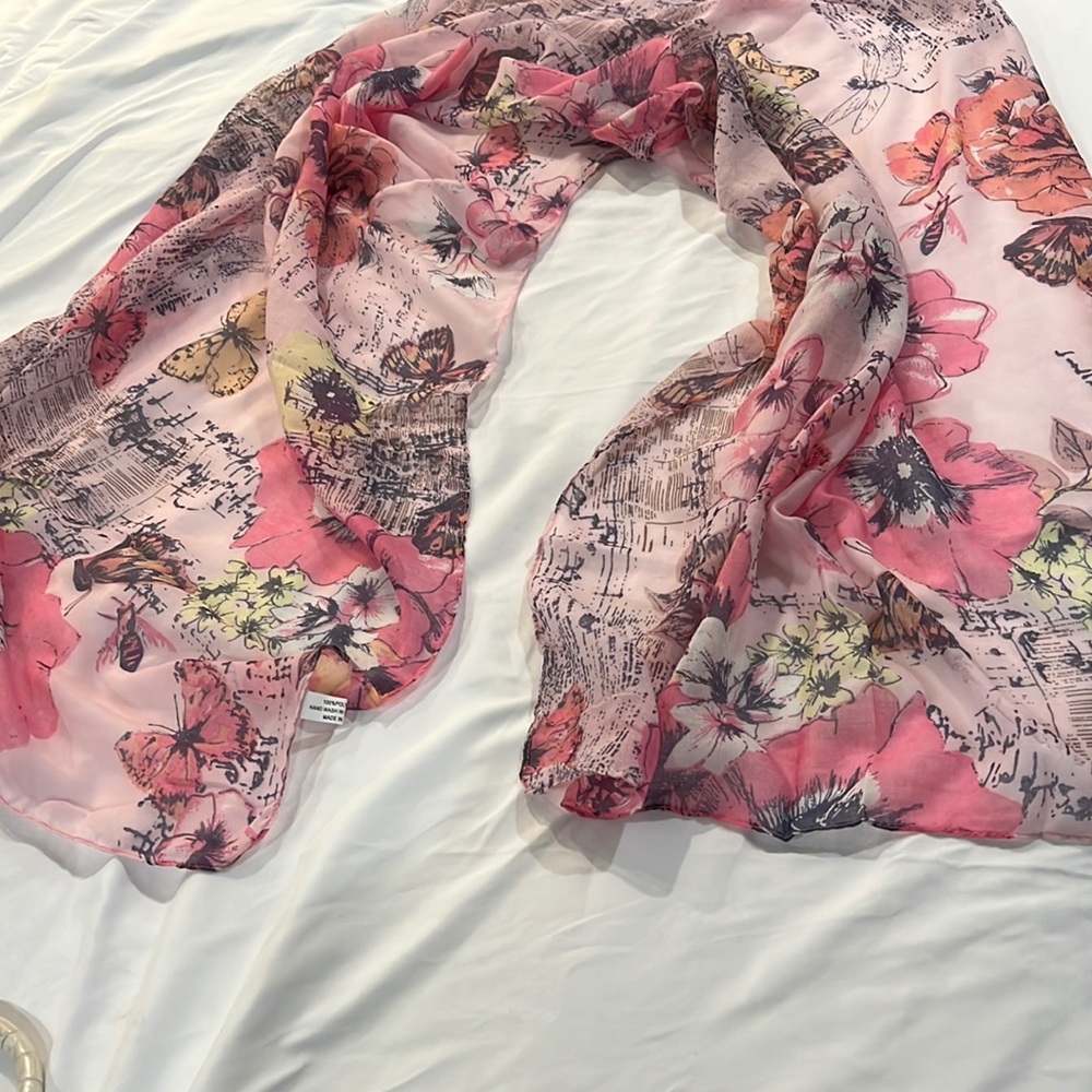 Lightweight floral butterfly scarf with pink tones, 60” x 24” approx